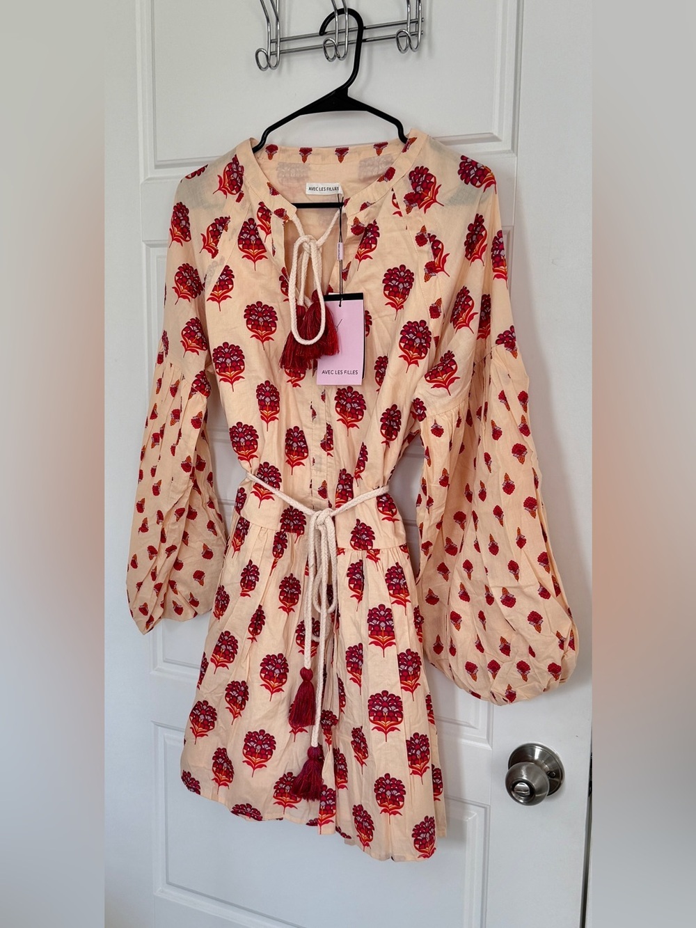 Avec Les Filles Floral Mini Dress Boho Peasant Tassel Tie Waist Size 6 - Picture 7 of 10